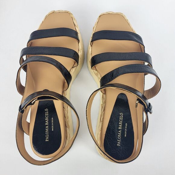 PALOMA BARCELO Black leather platform sandal woven raffia Size 39 - Picture 7 of 15